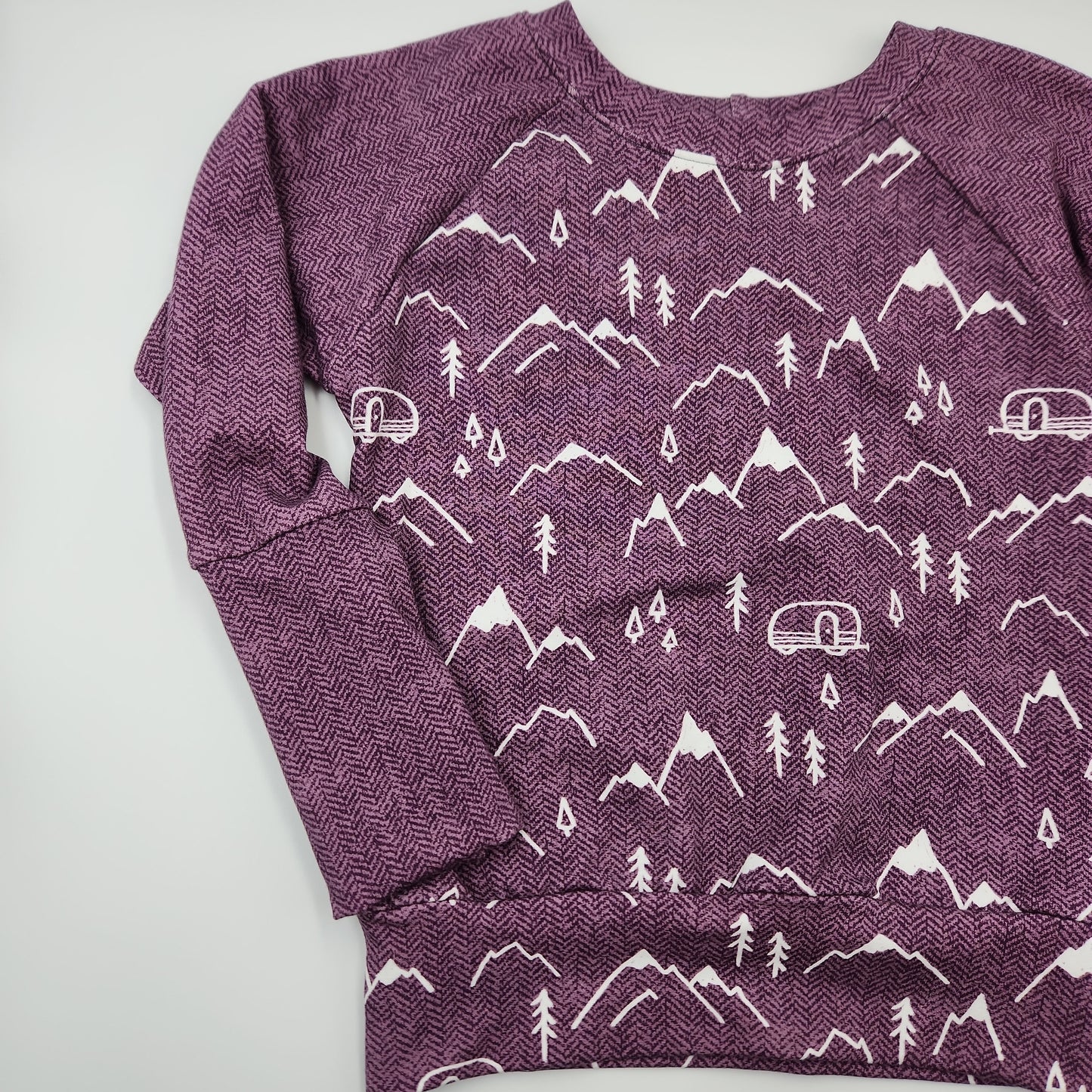 Purple Herringbone Camping One of a Kind Print Grow-with-me Crewneck