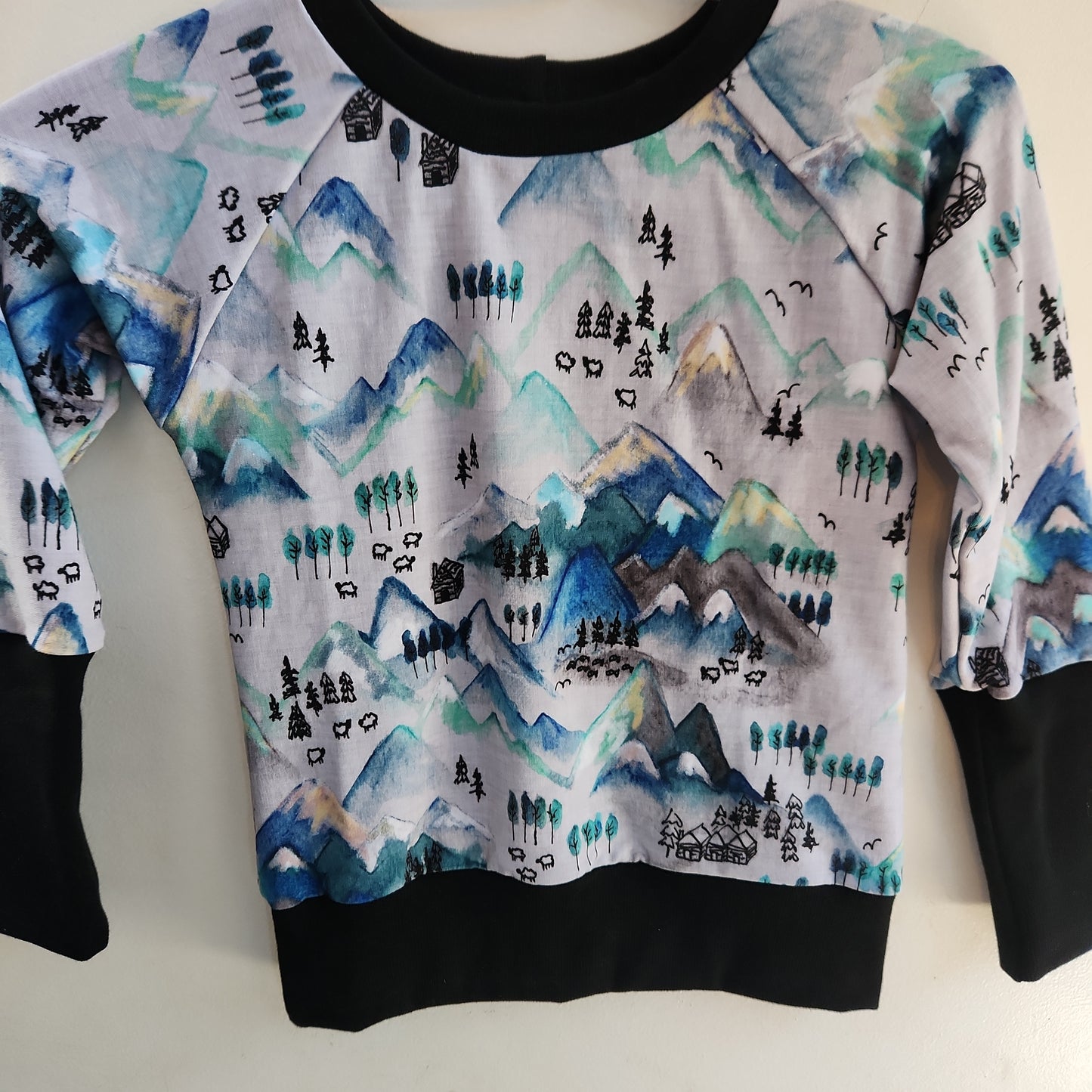 Turquoise Mountains with Black Coordinate *Last Cuts* Print Grow-with-me Crewneck